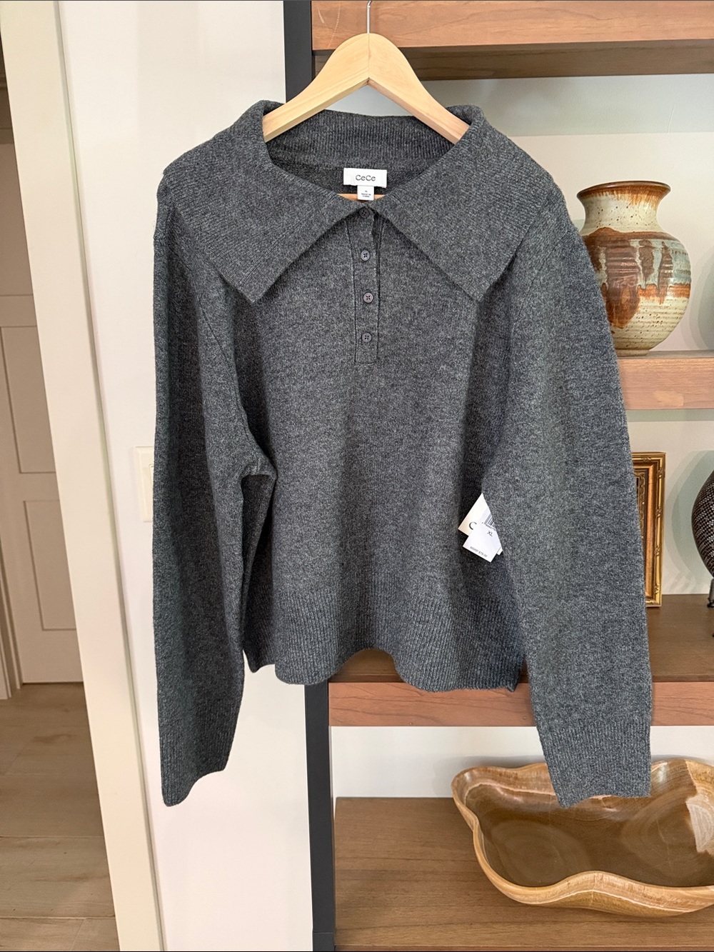 CeCe Dark Gray Pointed Collar Knit Pullover